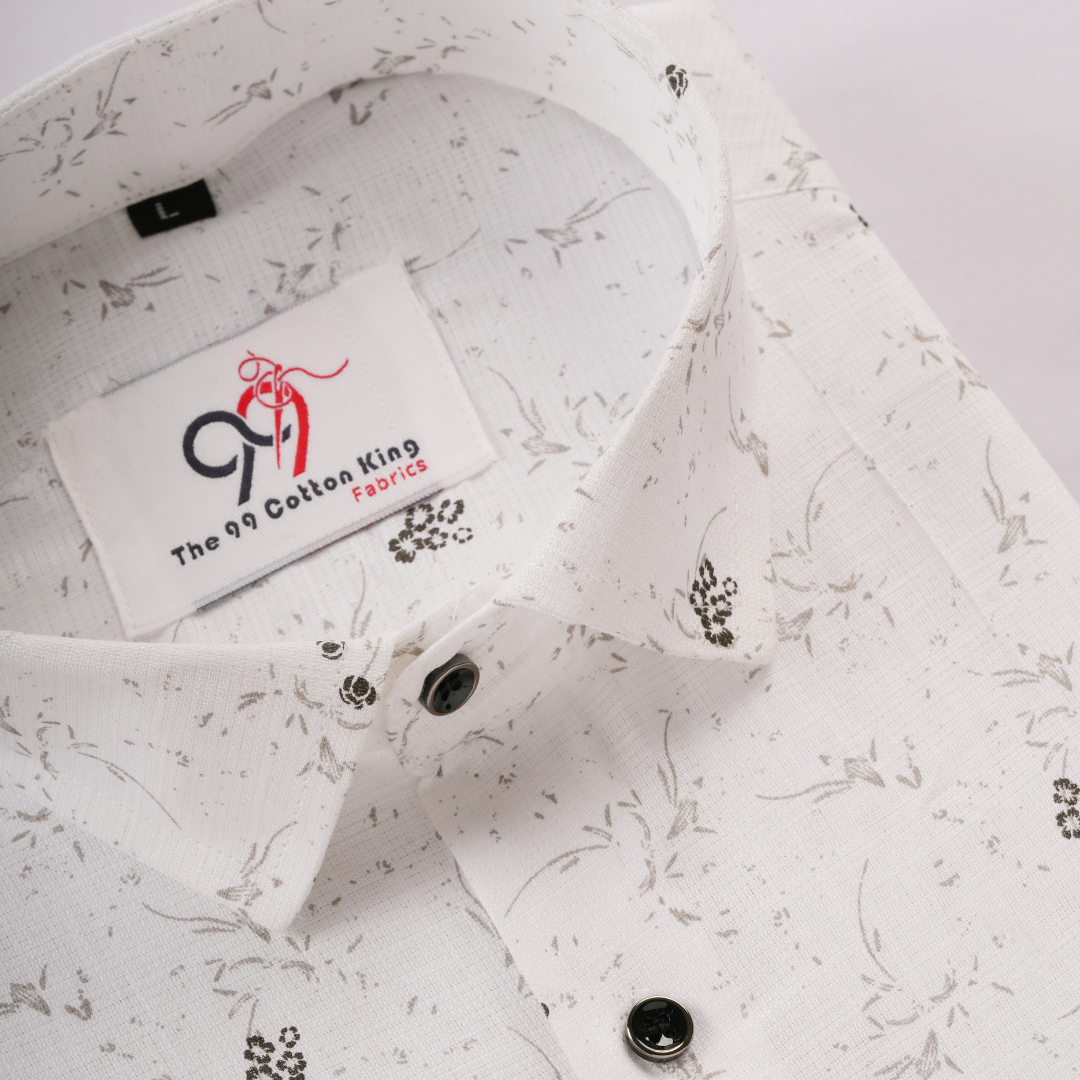 Premium Linen Slub White Color Gray Floral Print Shirt