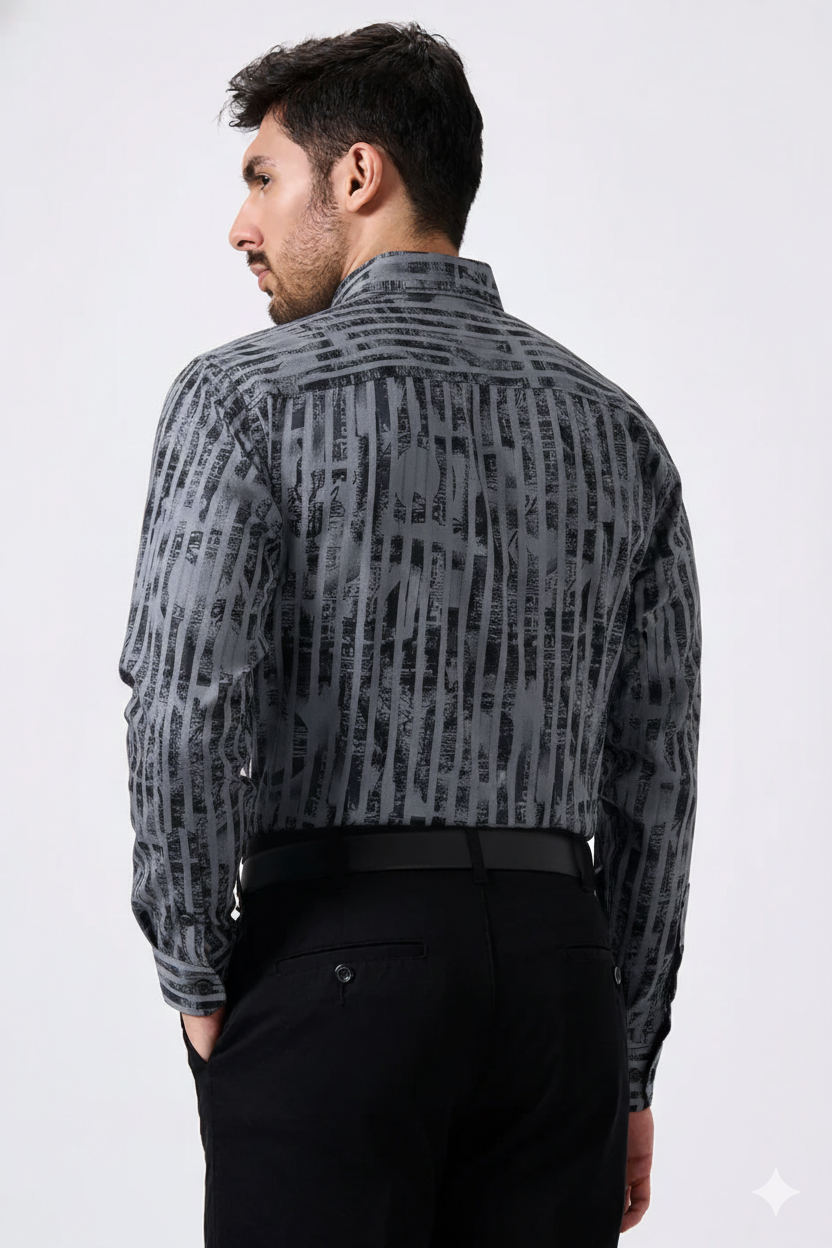 Cotton Gray Color Lining Brush Stroke Print Men Shirt