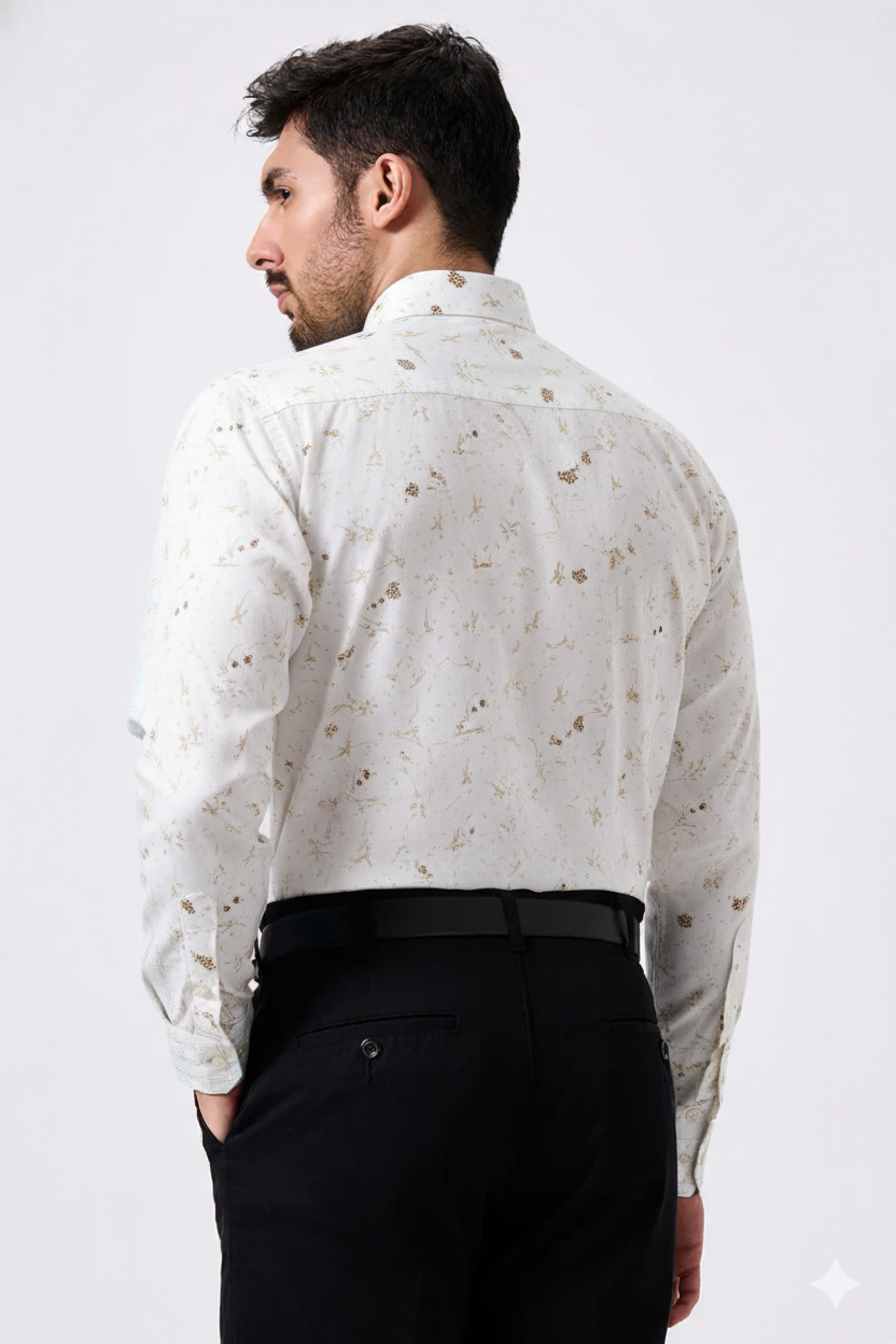Premium Linen Slub White Color Gold Print Shirt