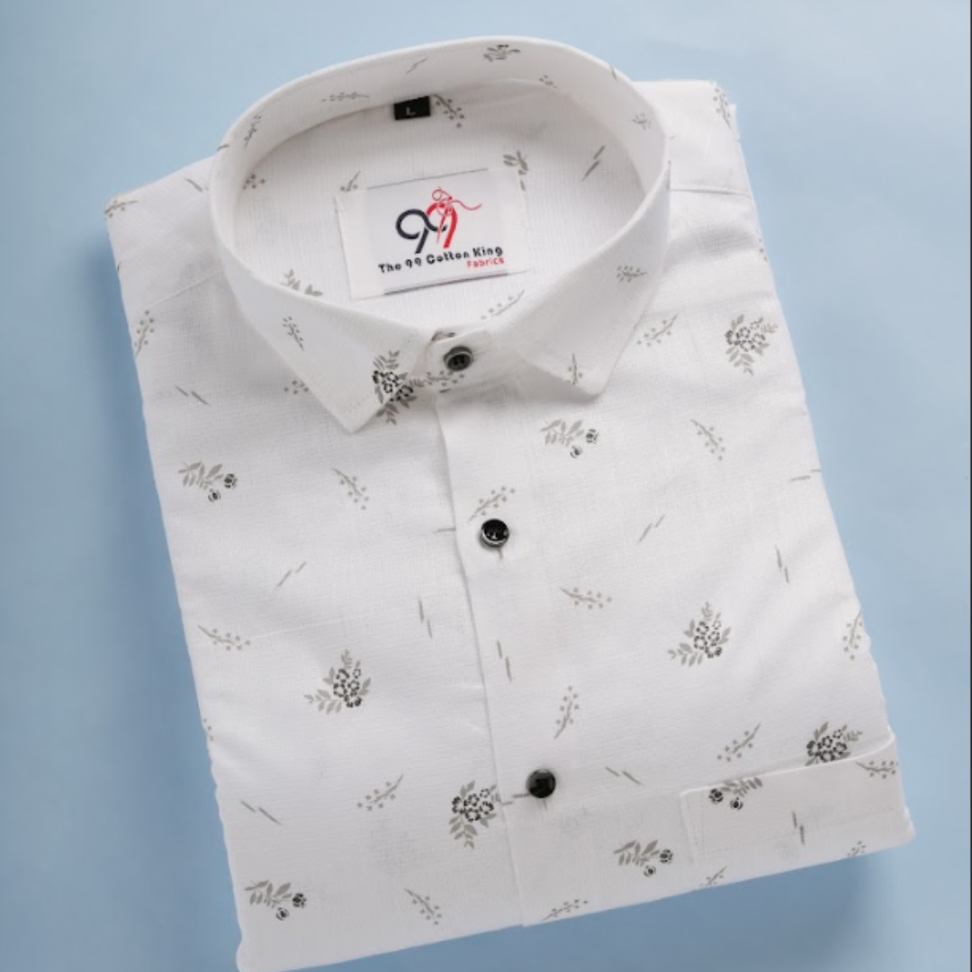 Premium Linen Slub White Color Gray Print Shirt