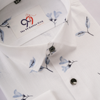 Premium Linen Slub White Color blue leave Print Shirt