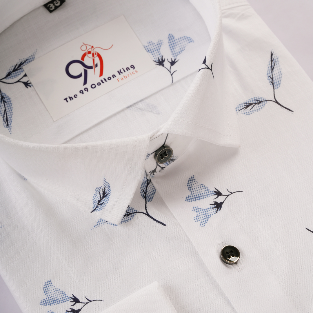 Premium Linen Slub White Color blue leave Print Shirt