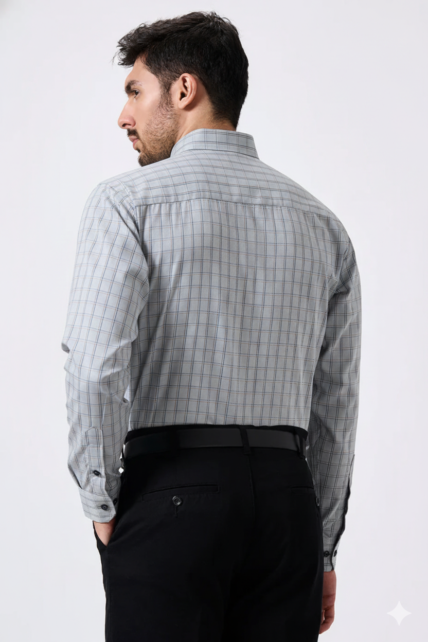 Premium Steel Gray Color Classic Grid Check Men Shirt