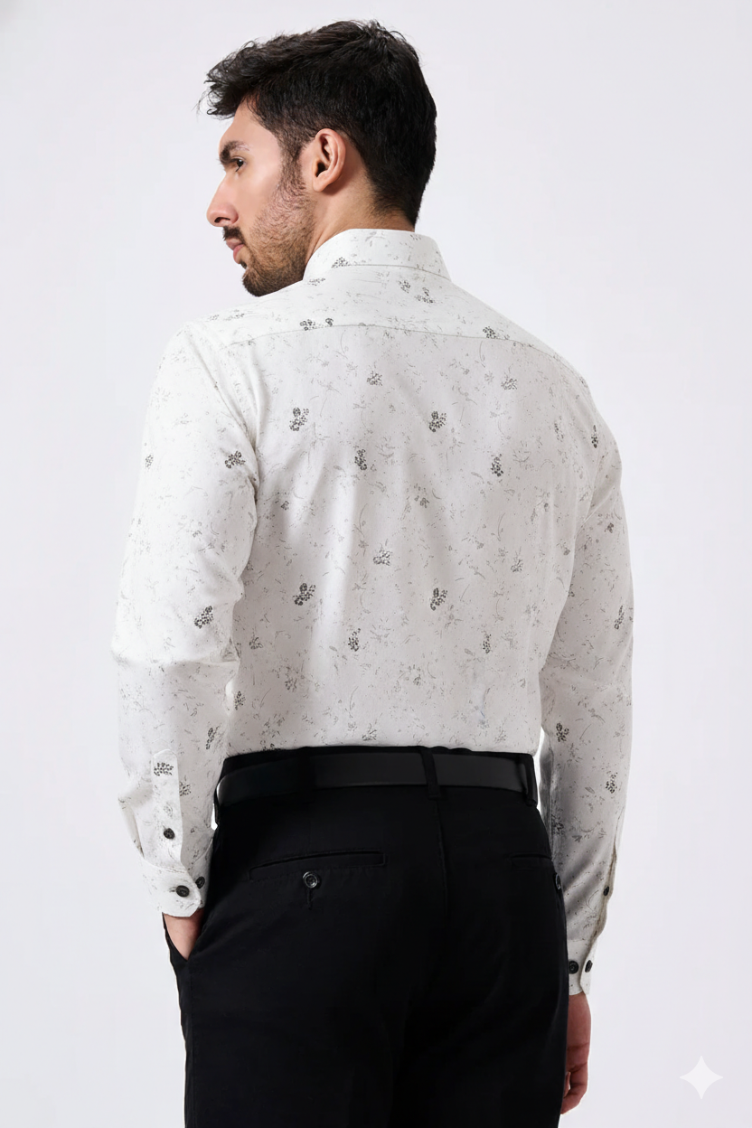 Premium Linen Slub White Color Gray Floral Print Shirt