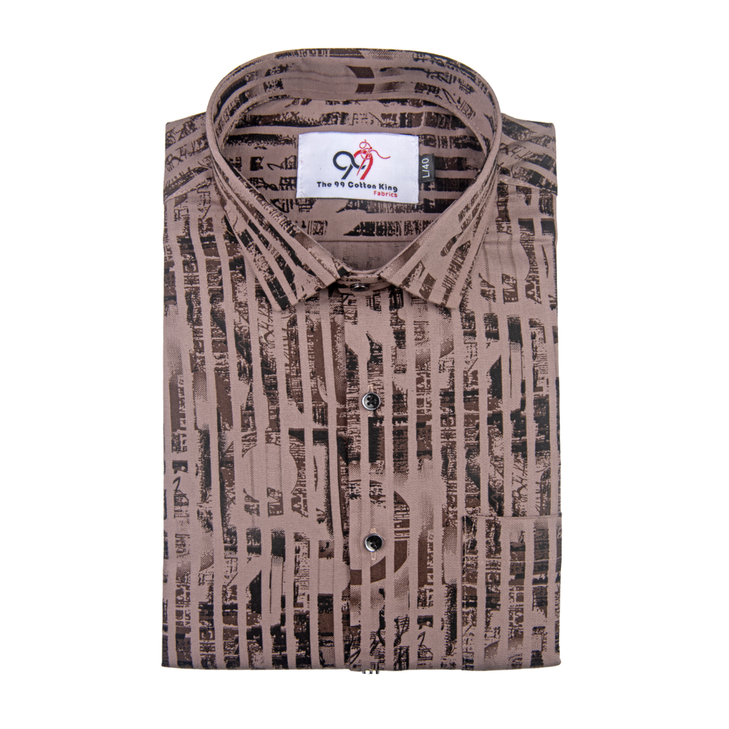 Cotton Brown Color Lining Brush Stroke Print Men Shirt