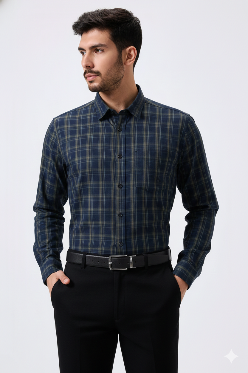 Premium Blue Color Classic Grid Check Men Shirt