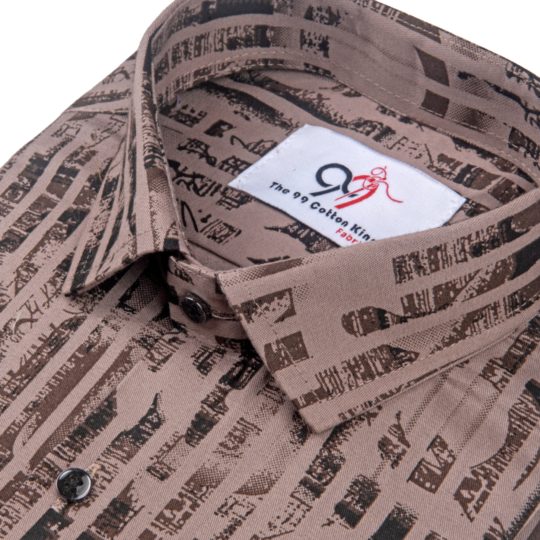 Cotton Brown Color Lining Brush Stroke Print Men Shirt