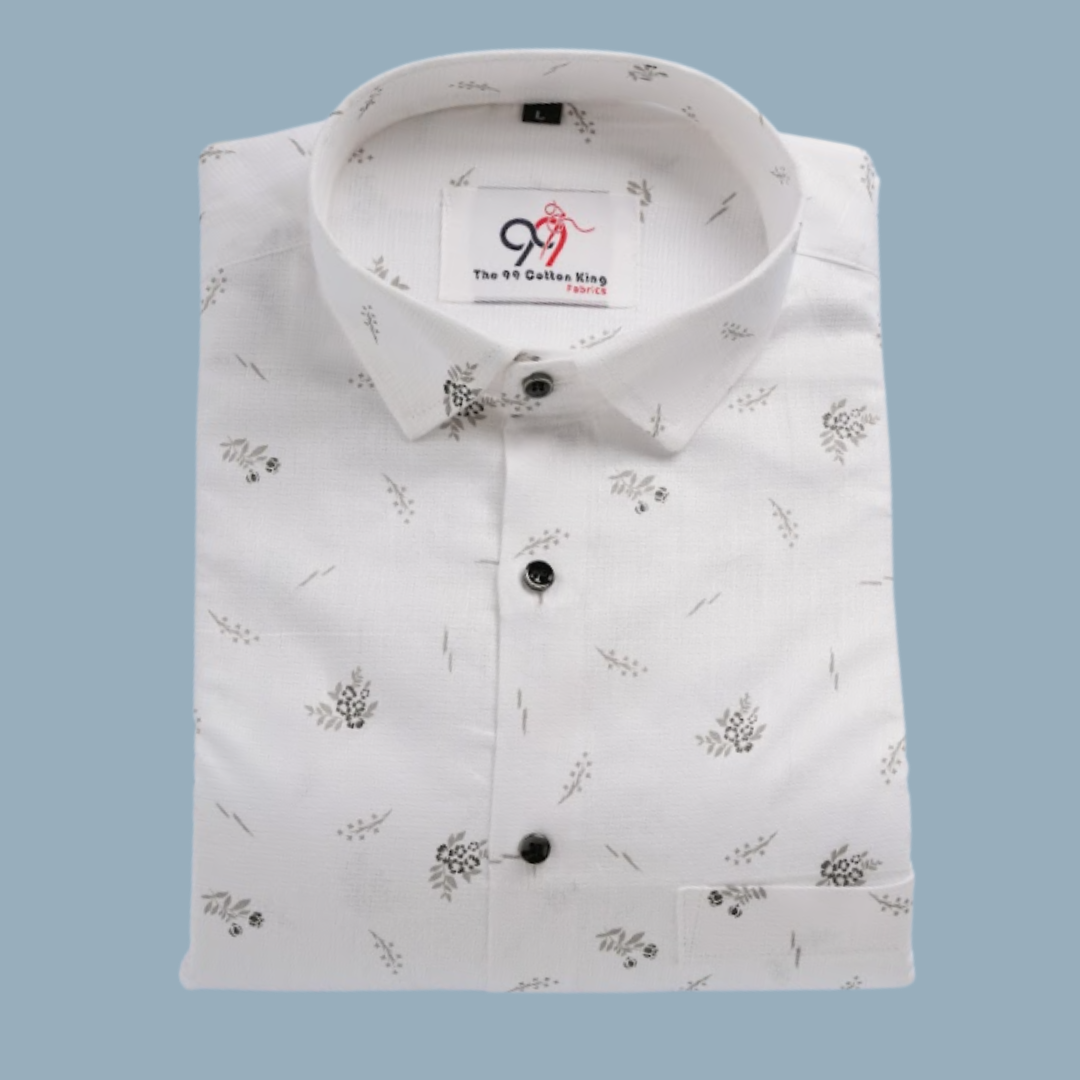 Premium Linen Slub White Color Gray Print Shirt