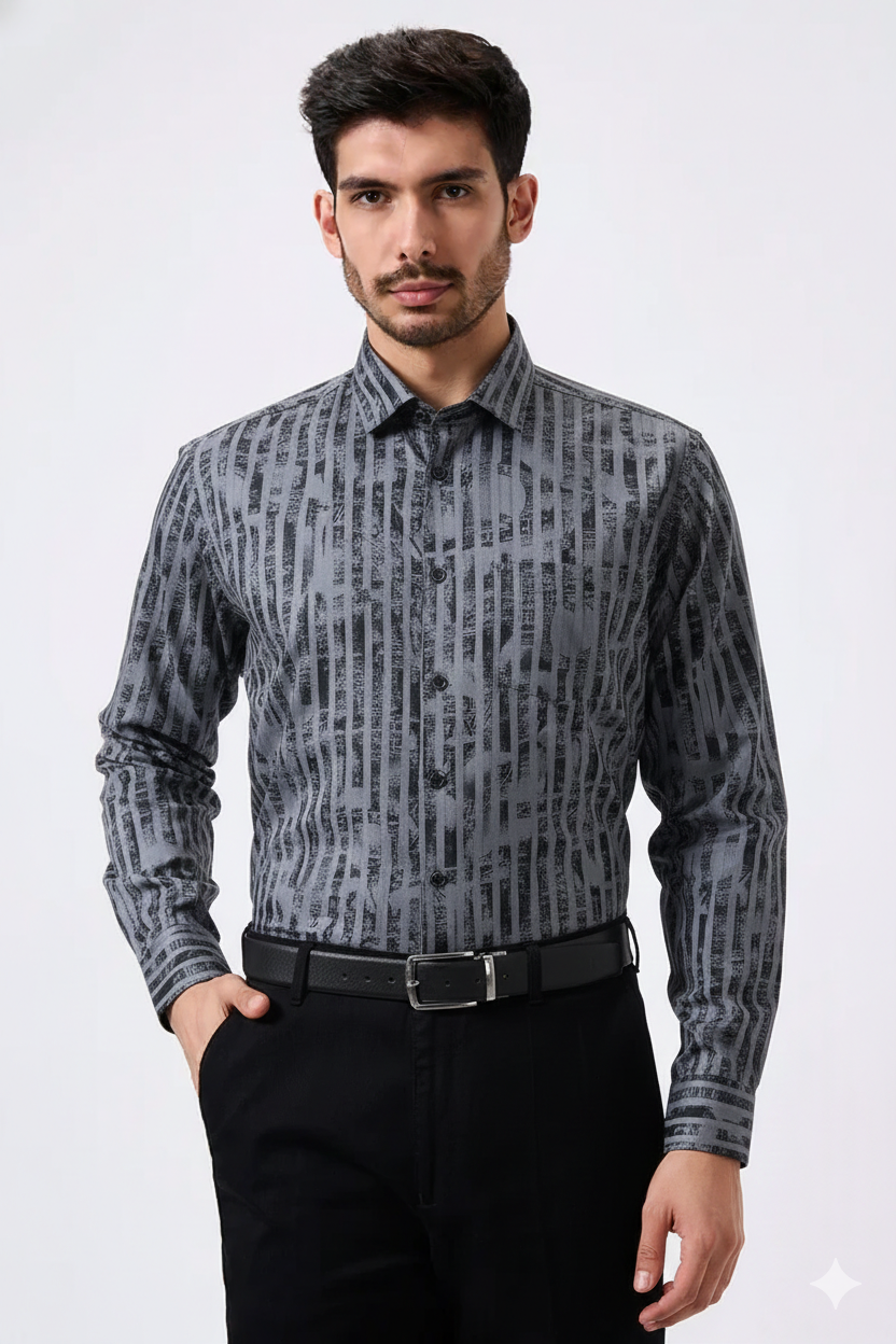 Cotton Gray Color Lining Brush Stroke Print Men Shirt