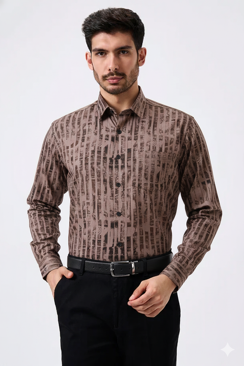 Cotton Brown Color Lining Brush Stroke Print Men Shirt