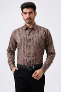 Cotton Brown Color Lining Brush Stroke Print Men Shirt