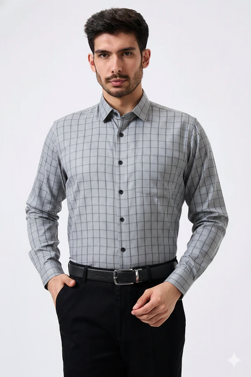 Premium Steel Gray Color Classic Grid Check Men Shirt