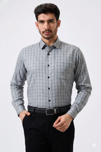 Premium Steel Gray Color Classic Grid Check Men Shirt