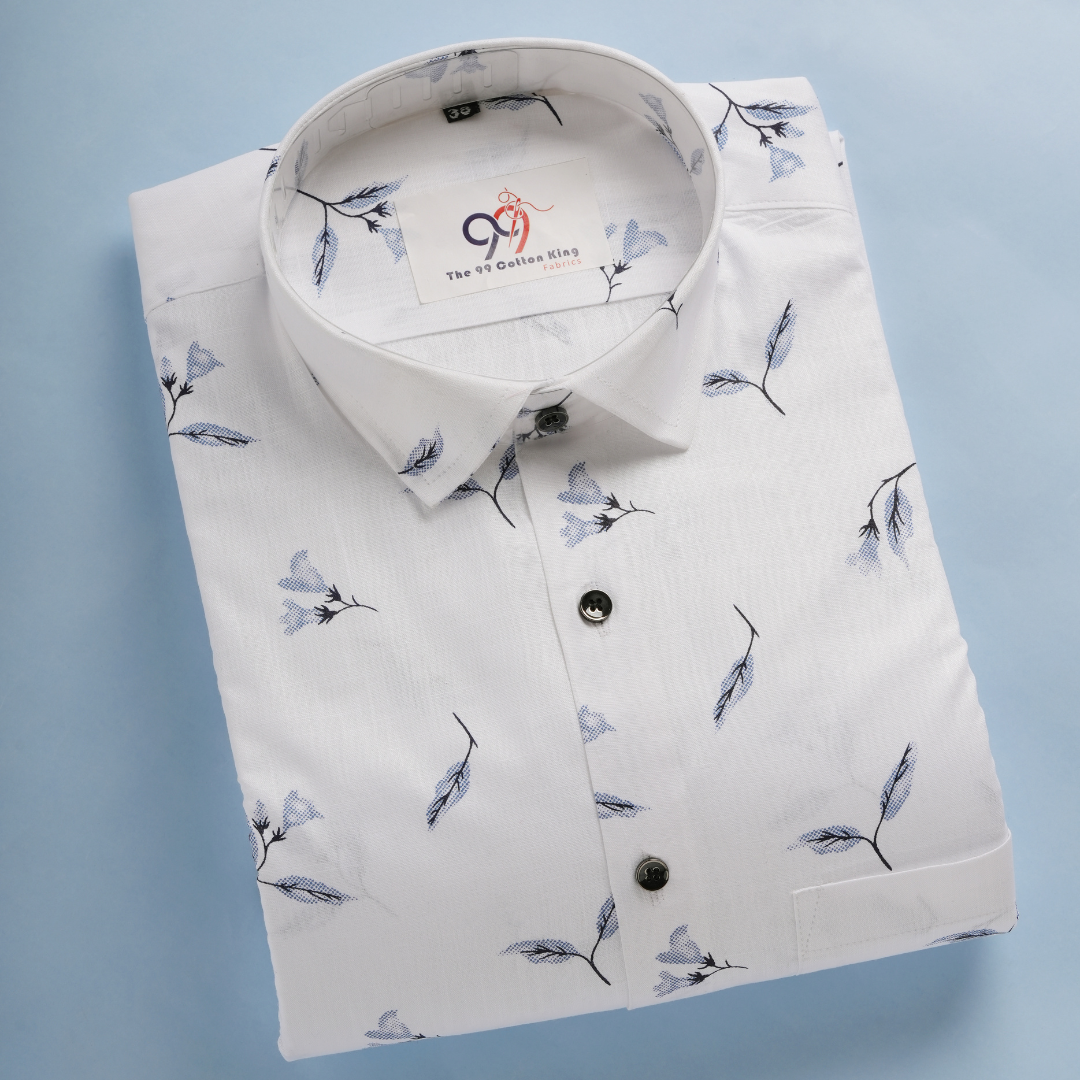 Premium Linen Slub White Color blue leave Print Shirt