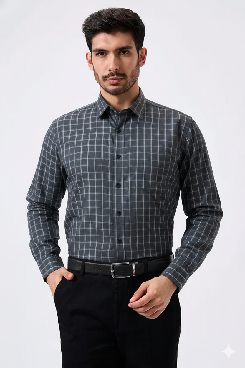 Premium Gray Color Classic Grid Check Men Shirt