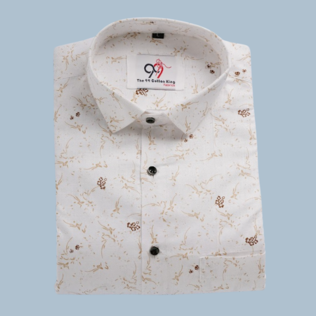 Premium Linen Slub White Color Gold Print Shirt