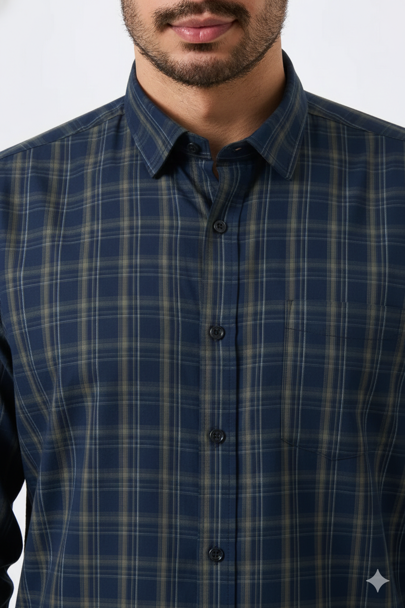 Premium Blue Color Classic Grid Check Men Shirt