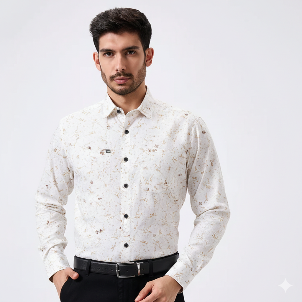 Premium Linen Slub White Color Gold Print Shirt
