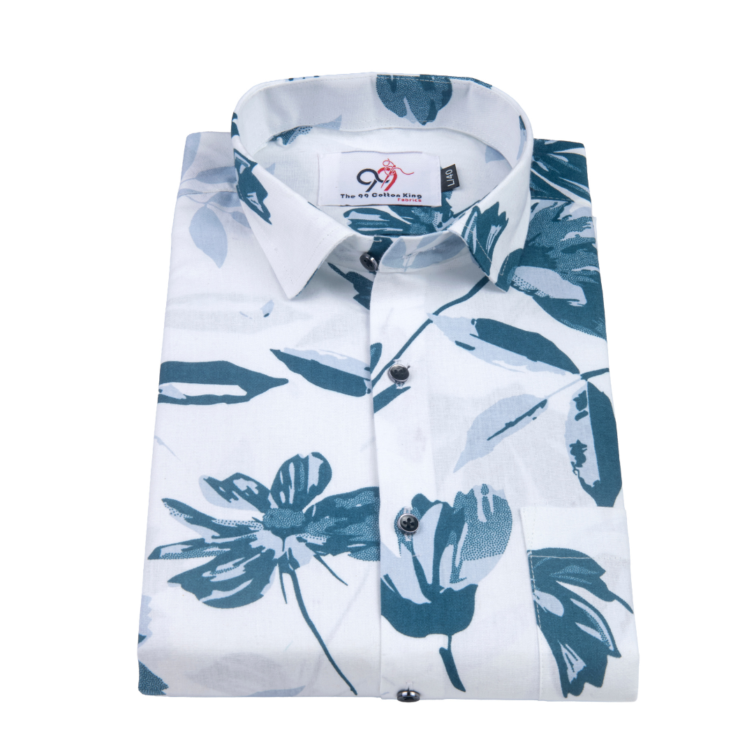 Pure Cotton White Color flower Print Men Shirt