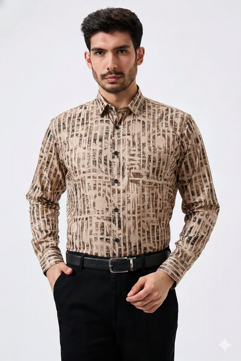 Cotton Chandan Color Lining Brush Stroke Print Men Shirt