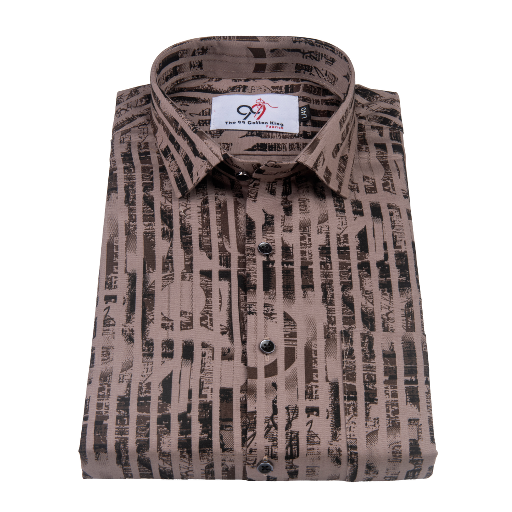 Cotton Brown Color Lining Brush Stroke Print Men Shirt