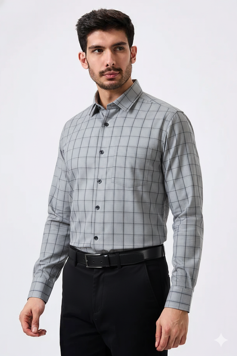 Premium Steel Gray Color Classic Grid Check Men Shirt
