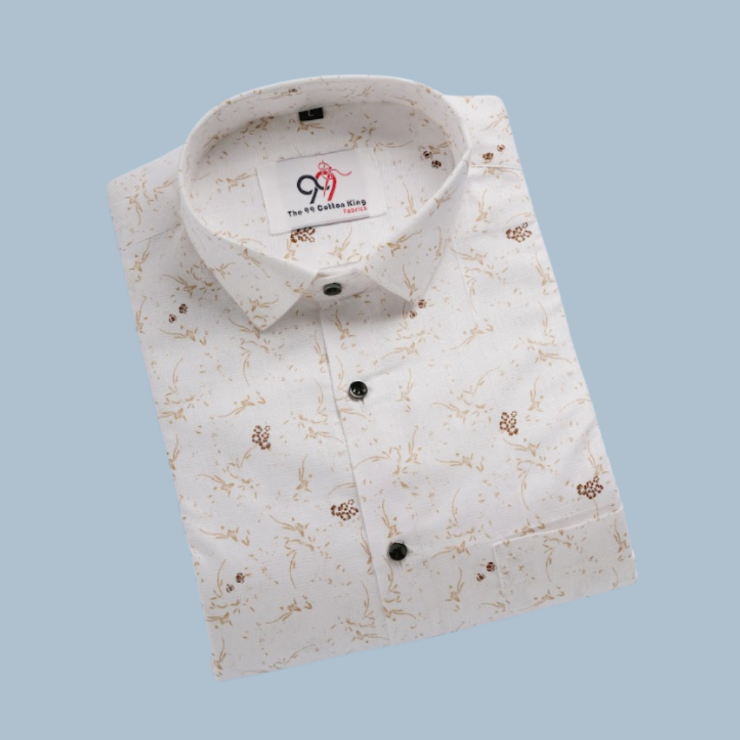 Premium Linen Slub White Color Gold Print Shirt