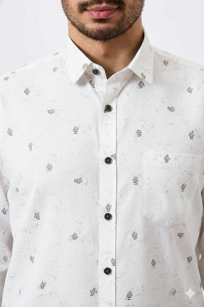 Premium Linen Slub White Color Gray Floral Print Shirt