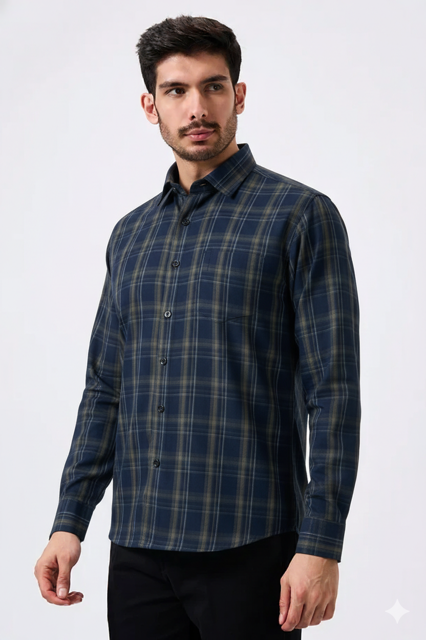 Premium Blue Color Classic Grid Check Men Shirt