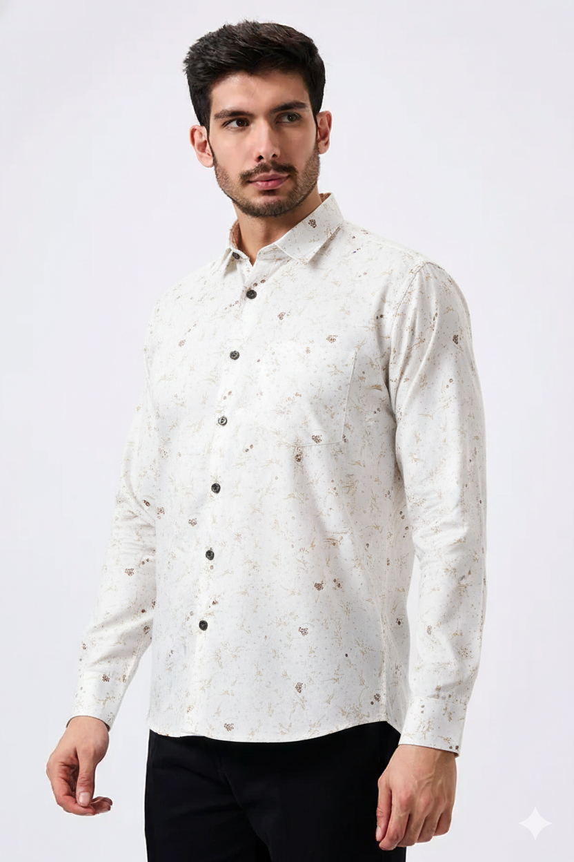 Premium Linen Slub White Color Gold Print Shirt