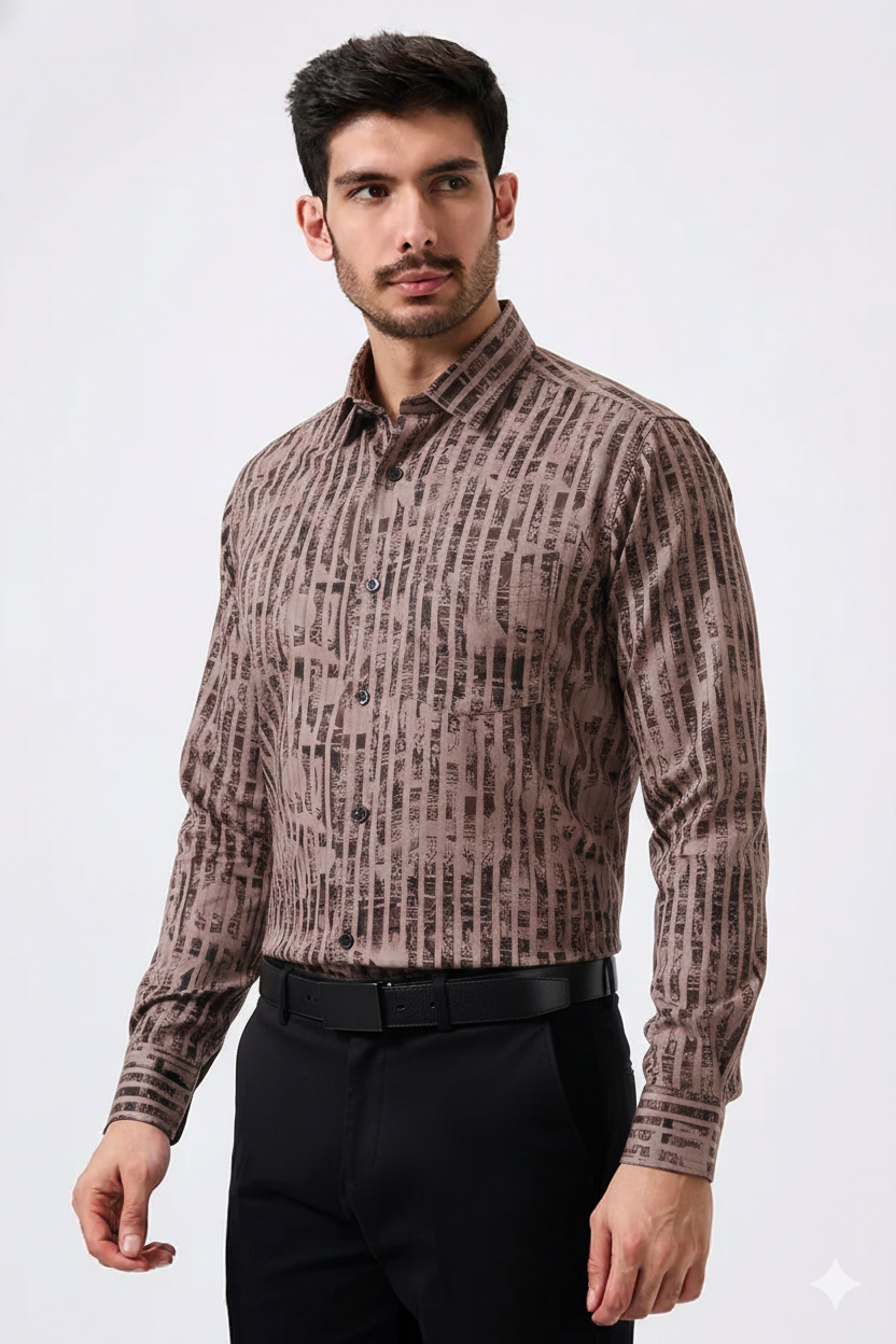 Cotton Brown Color Lining Brush Stroke Print Men Shirt