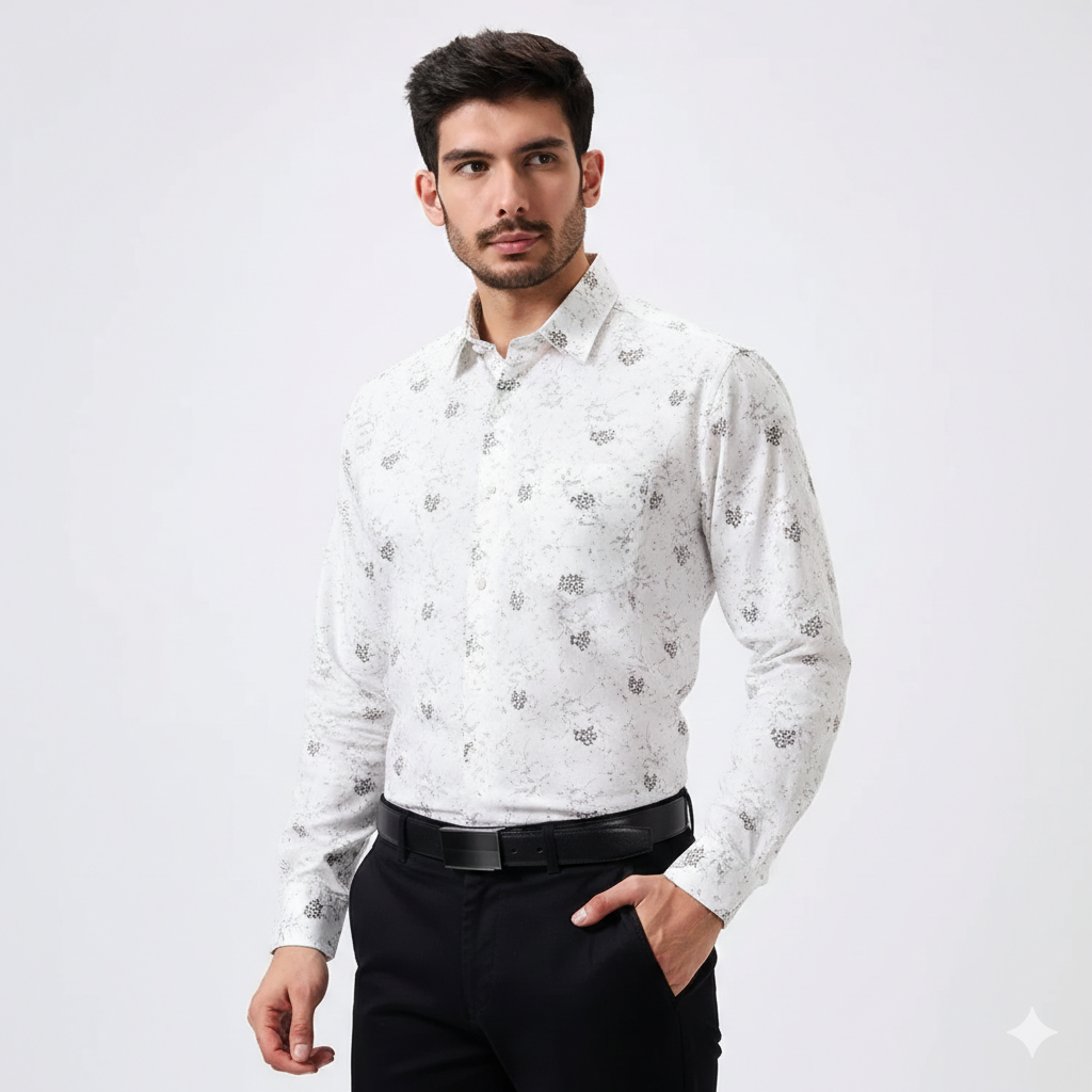 Premium Linen Slub White Color Gray Floral Print Shirt