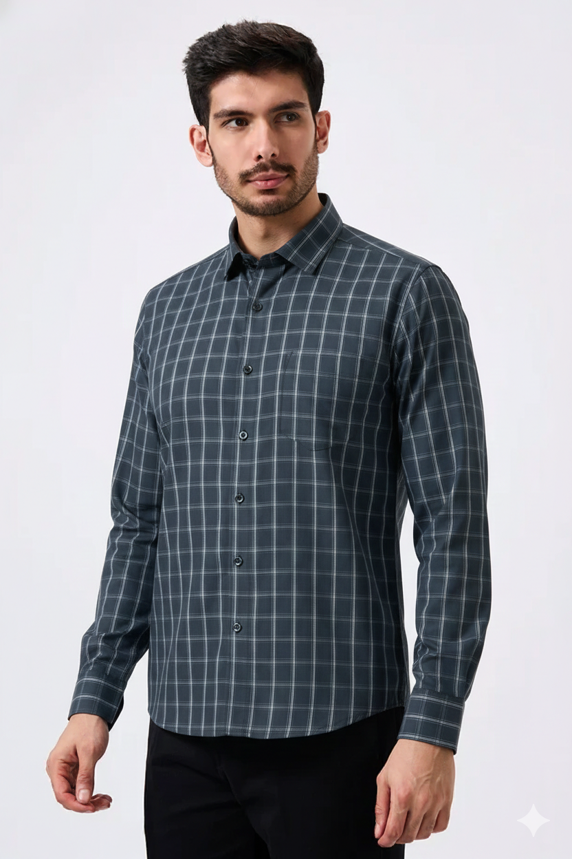 Premium Gray Color Classic Grid Check Men Shirt