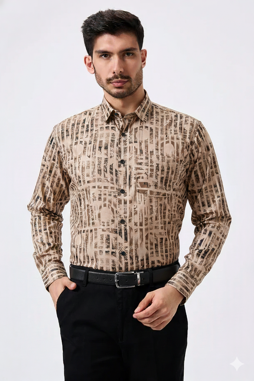 Cotton Chandan Color Lining Brush Stroke Print Men Shirt
