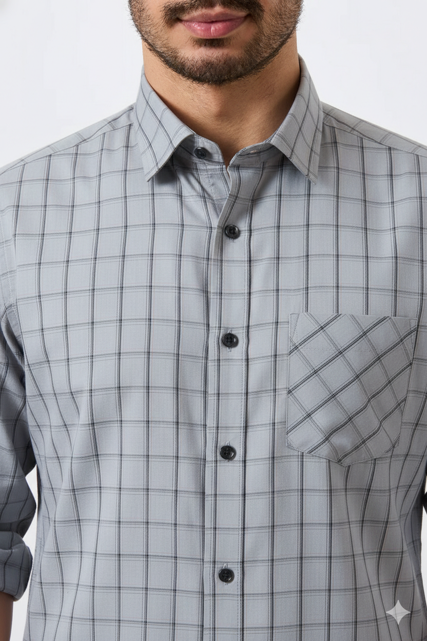 Premium Steel Gray Color Classic Grid Check Men Shirt
