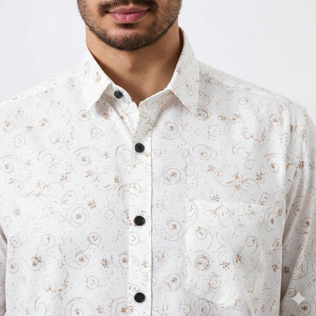 Premium Linen Slub White Color Gold Print Shirt