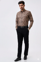 Cotton Brown Color Lining Brush Stroke Print Men Shirt
