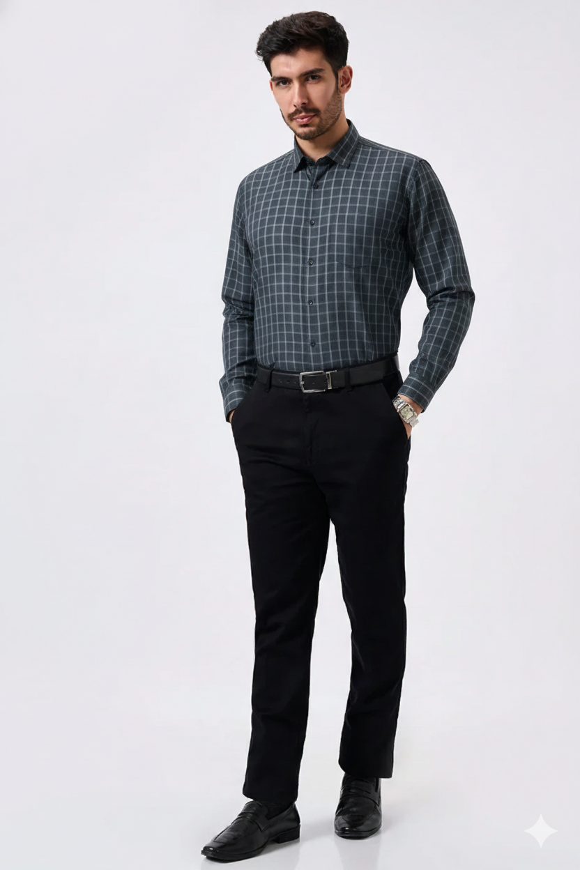 Premium Gray Color Classic Grid Check Men Shirt