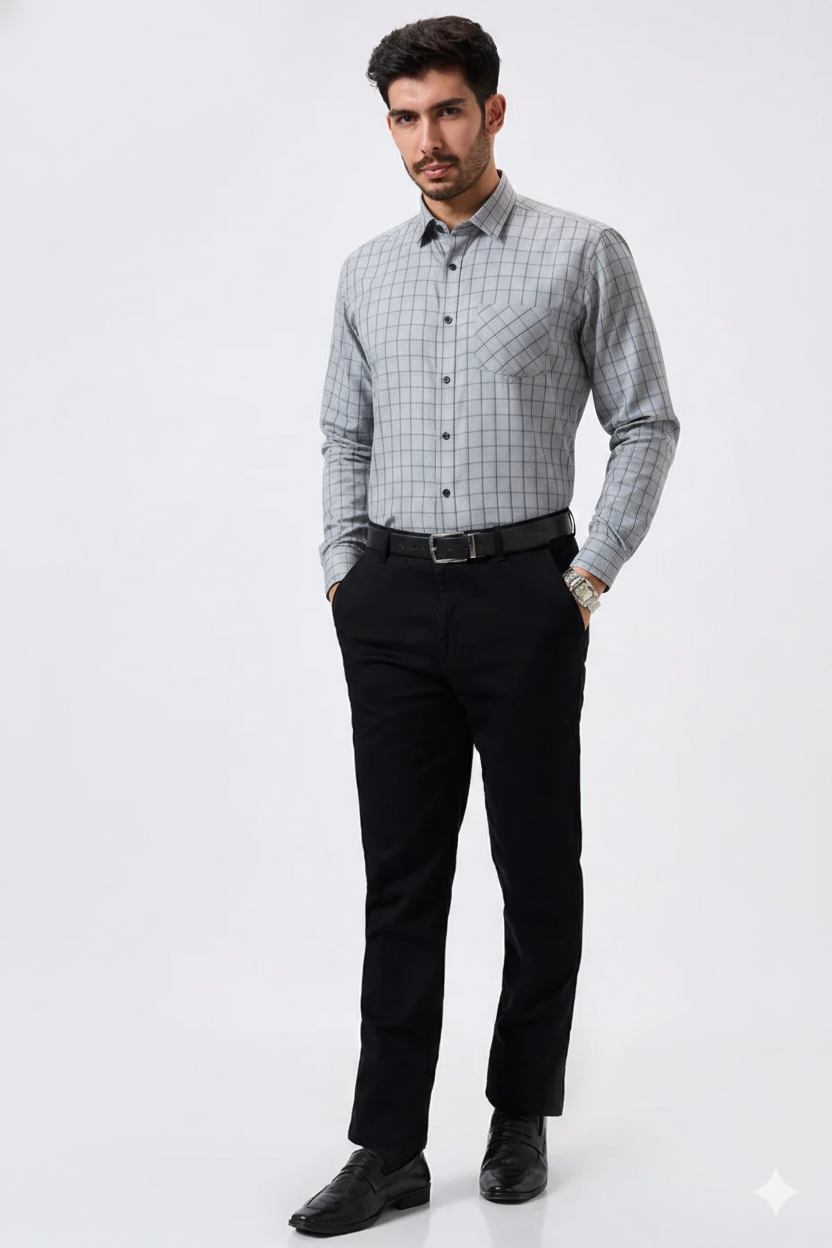 Premium Steel Gray Color Classic Grid Check Men Shirt