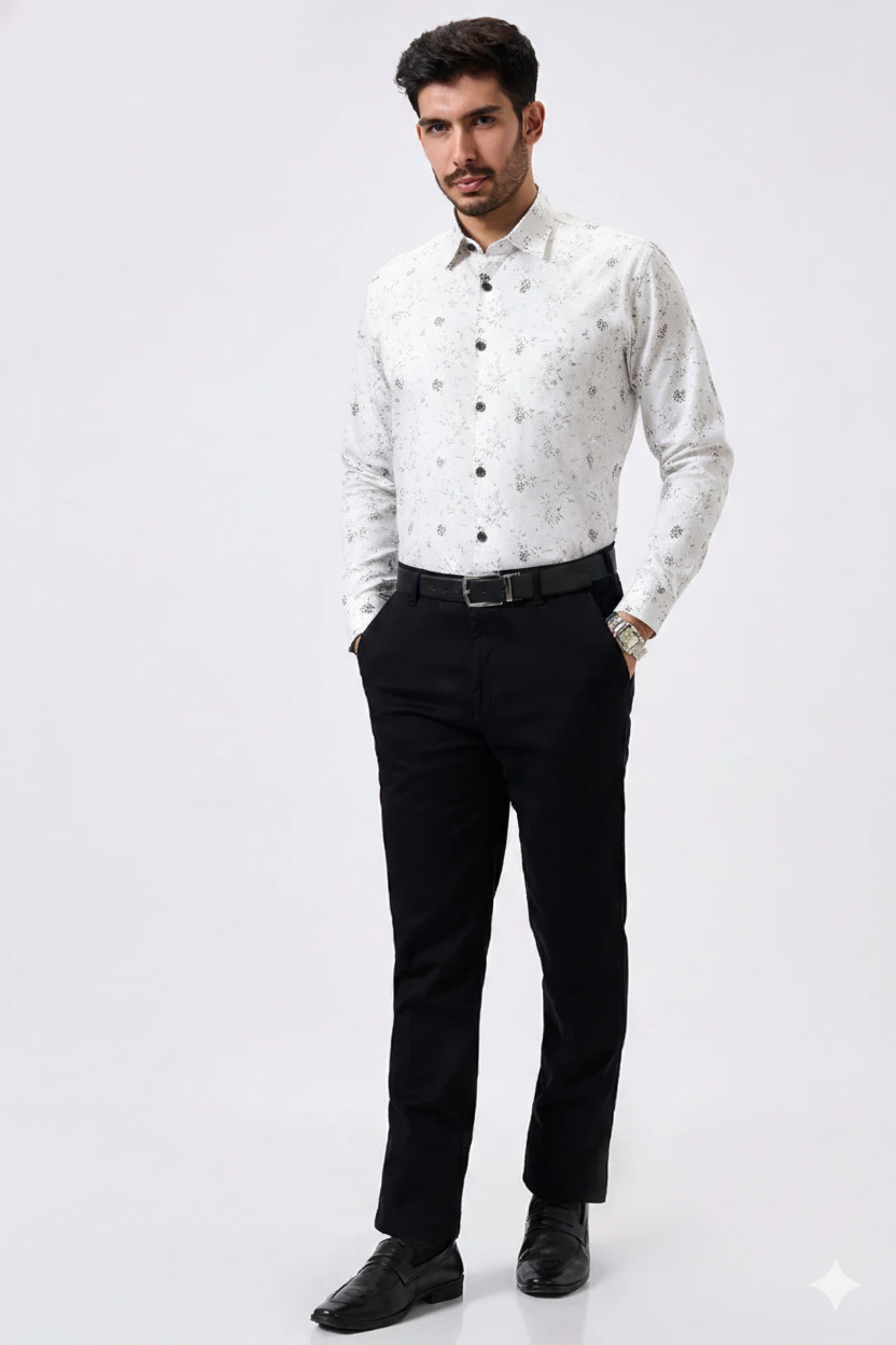 Premium Linen Slub White Color Gray Floral Print Shirt