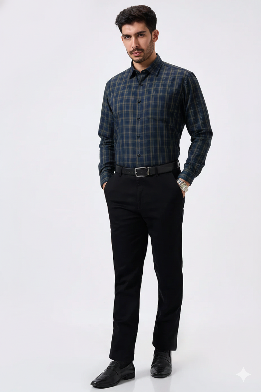 Premium Blue Color Classic Grid Check Men Shirt