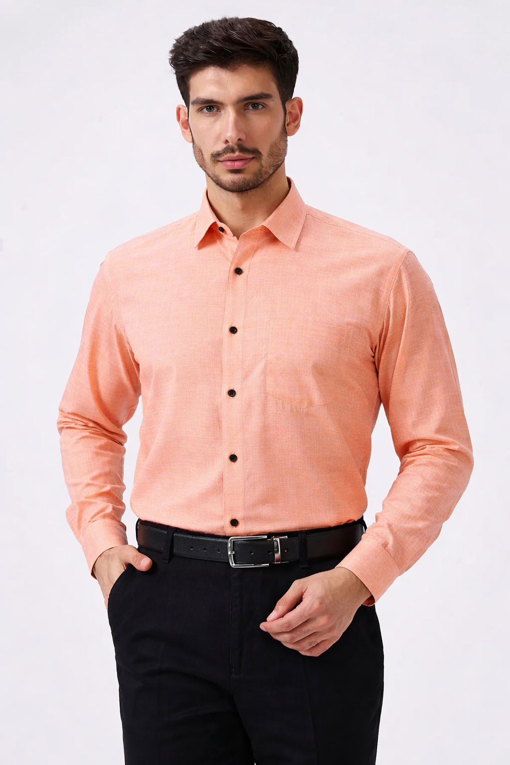 Premium Linen Slub Orange Color Plain Shirt - Full Sleeves