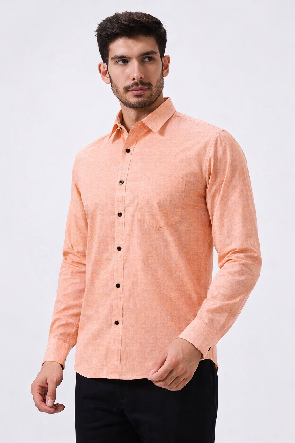 Premium Linen Slub Orange Color Plain Shirt - Full Sleeves