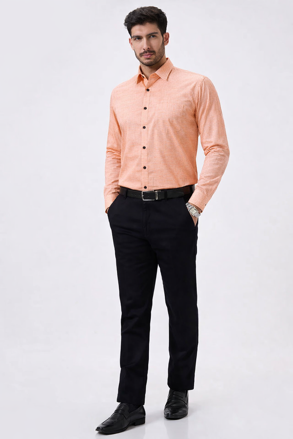 Premium Linen Slub Orange Color Plain Shirt - Full Sleeves