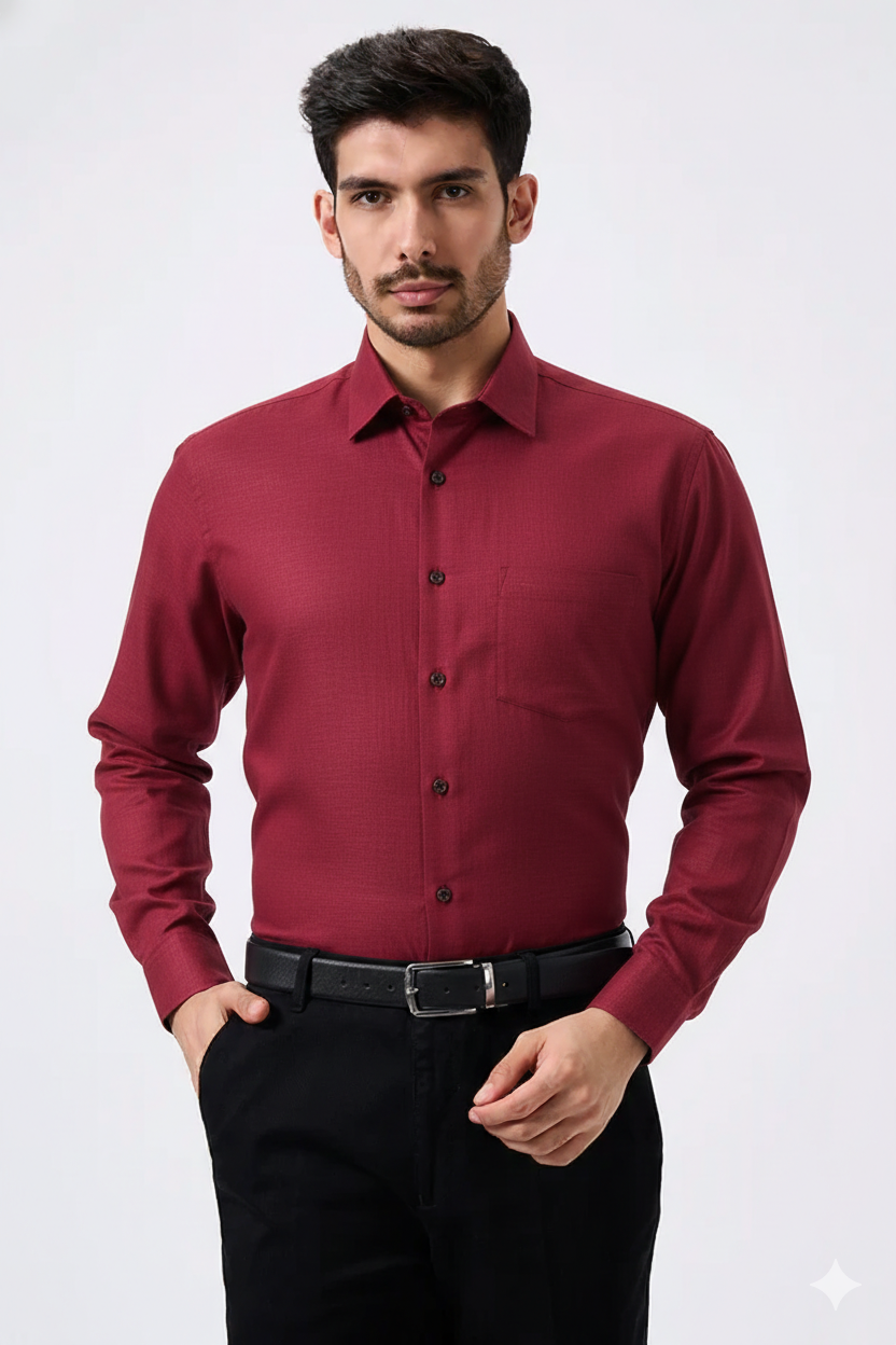 Premium Linen Slub Red Color Plain Shirt - Full Sleeves