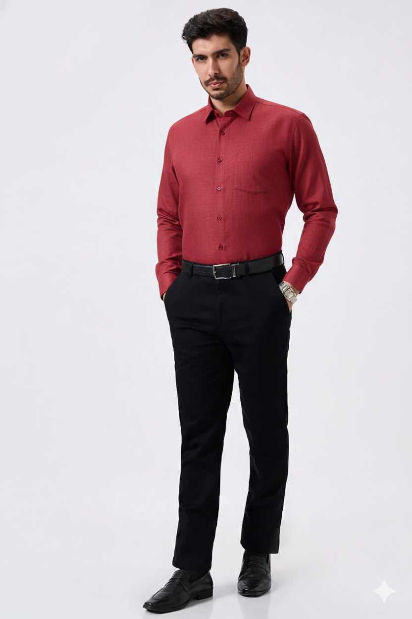 Premium Linen Slub Red Color Plain Shirt - Full Sleeves