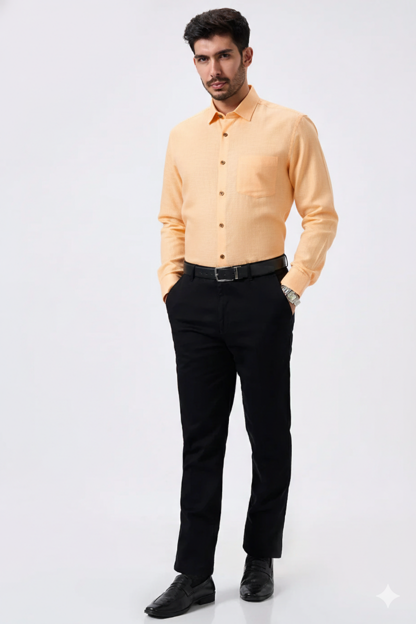 Premium Linen Slub Orange Color Plain Shirt - Full Sleeves