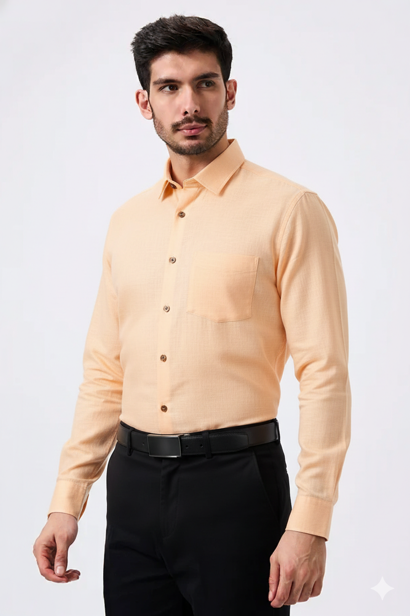 Premium Linen Slub Orange Color Plain Shirt - Full Sleeves